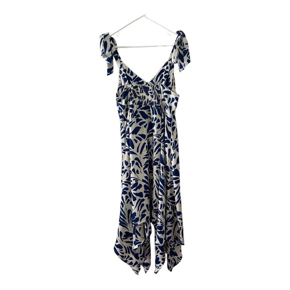 🫆PRICE DROP🫆Alexis blue botanical tie strap asymmetrical hem dress - size L 🤍💙🏝️ - Picture 4 of 12